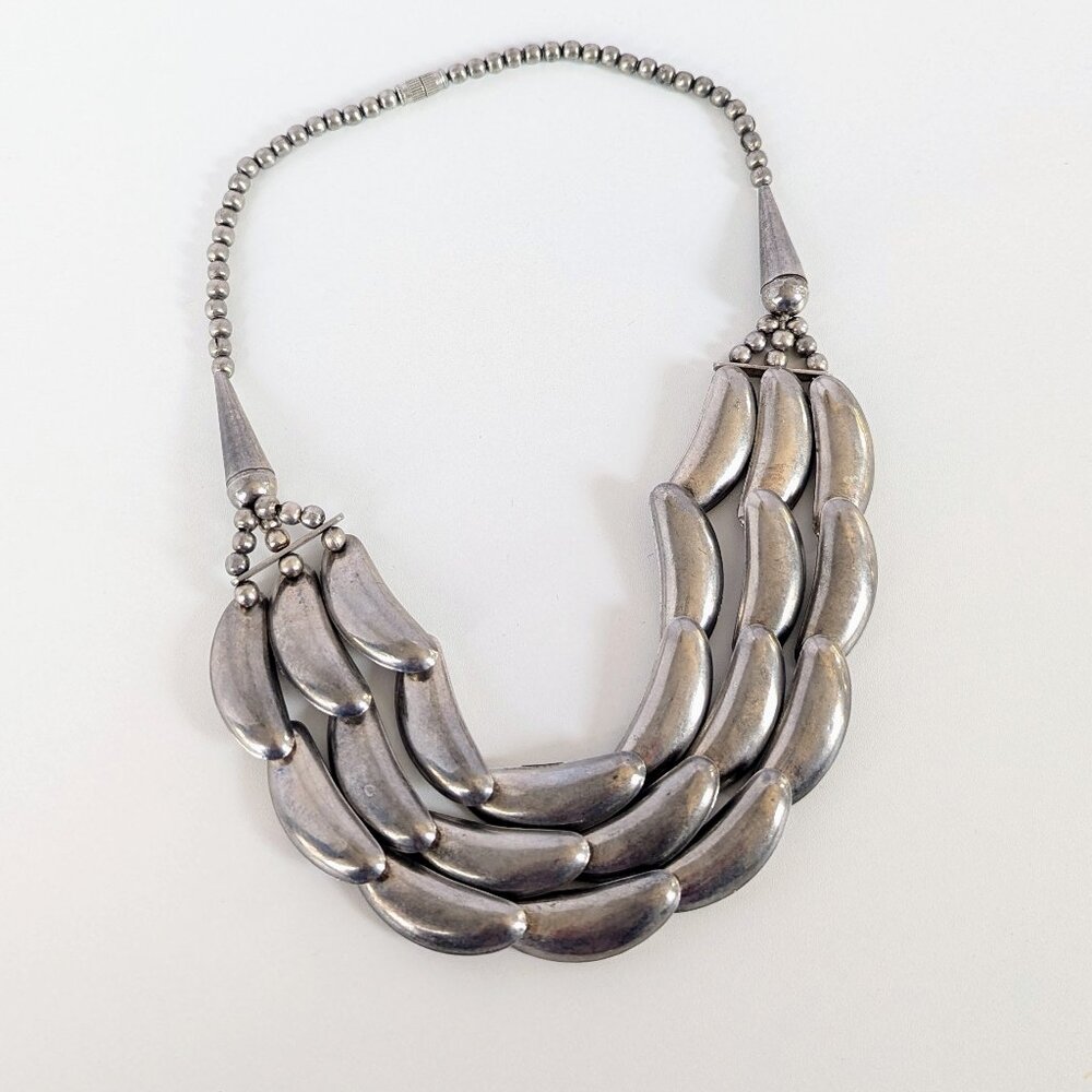 Vintage Statement Bib Necklace Triple Strand Silver-Tone Crescent Link